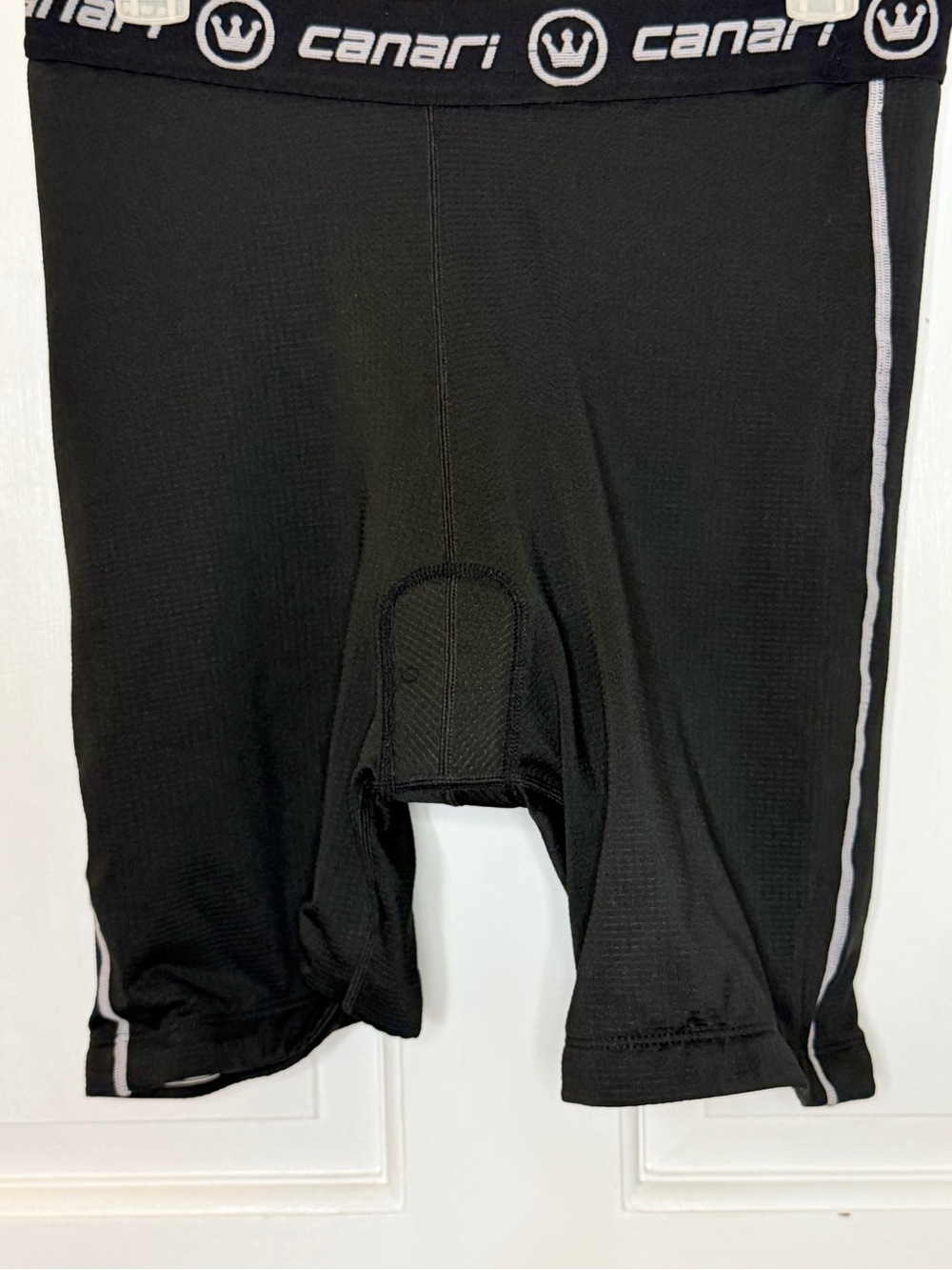 Canari Black Cycling Shorts with White Side Piping and Logo Waistband